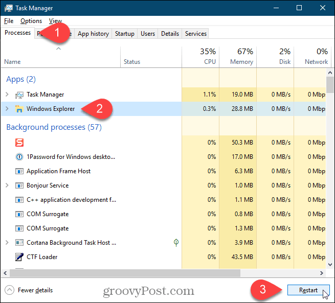 Windows Explorer प्रक्रिया का चयन करें और Windows 10 में पुनरारंभ करें क्लिक करें