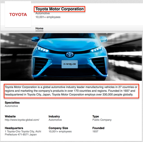 Toyota लिंक्डइन कंपनी के पृष्ठ तत्व जो Google खोज परिणामों में दिखाई देते हैं