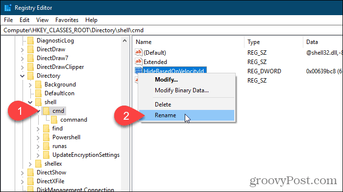 Windows रजिस्ट्री संपादक में HideBasedOnVelocityId मान के लिए नाम का चयन करें