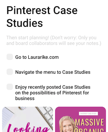 एक चेकलिस्ट के साथ Pinterest बोर्ड नोट जिसमें कॉपी का हिस्सा शामिल है