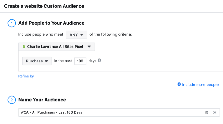 पिछले 180 दिनों में खरीदे गए दर्शकों के फेसबुक वेबसाइट कस्टम दर्शकों को सेट करें
