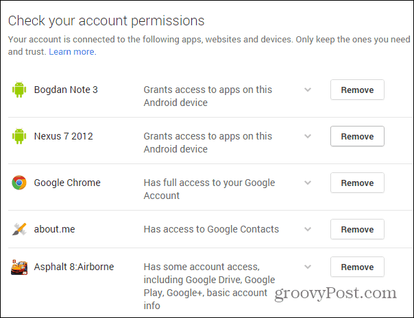 Google सुरक्षा विज़ार्ड अनुमतियां
