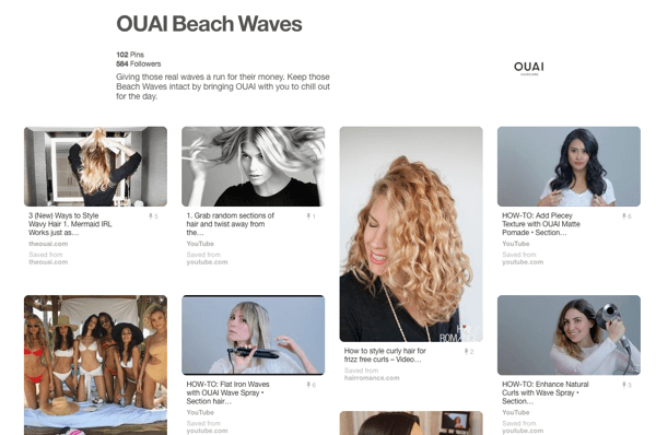 Pinterest पर ट्यूटोरियल बोर्ड का उदाहरण OUAI उत्पादों का प्रदर्शन।