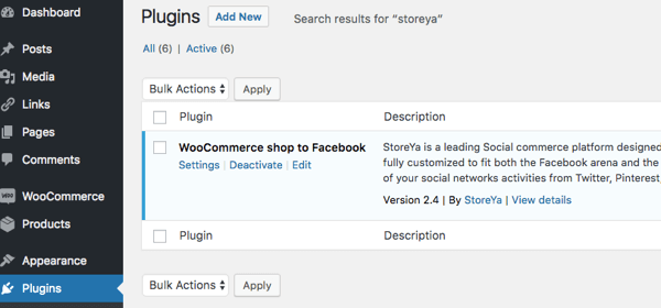 आपको पता चलेगा कि WooCommerce Shop to Facebook इंस्टॉल किए गए प्लगइन्स के तहत दिखाई देने पर प्लगइन सक्रिय हो जाता है।