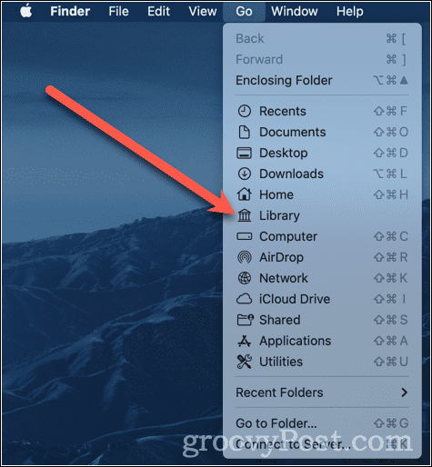 लाइब्रेरी के साथ फाइंडर गो मेन्यू दिखाई दे रहा है