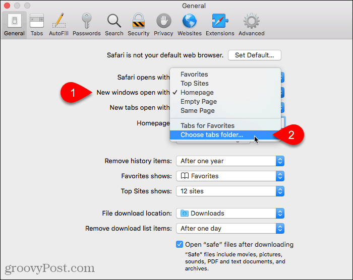 Mac पर Safari में सेटिंग के साथ नई विंडो के लिए टैब चुनें फ़ोल्डर चुनें