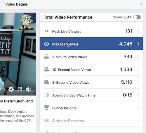 कुल वीडियो प्रदर्शन अनुभाग के तहत दर्शकों के रिटेंशन का फेसबुक ग्राफ उदाहरण