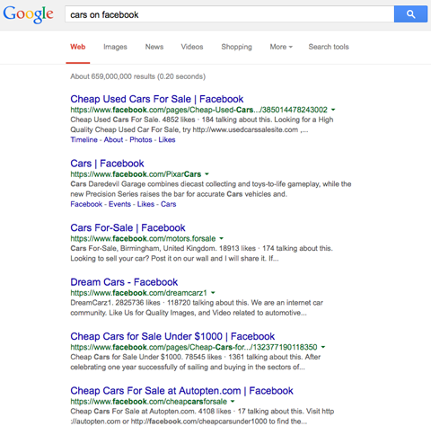 फेसबुक पर कारों के लिए Google खोज परिणाम