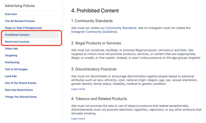 फेसबुक विज्ञापन नीतियों का प्रतिबंधित सामग्री अनुभाग