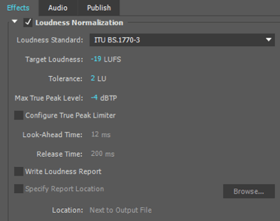 मैं अपने ऑडियो फ़ाइल को Adobe Premiere में निर्यात करते समय इन लाउडनेस सामान्यीकरण सेटिंग्स का उपयोग करता हूं।