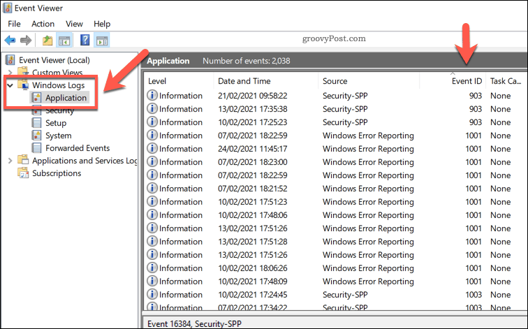 इवेंट व्यूअर में Windows अनुप्रयोग लॉग की एक सूची