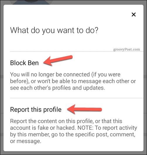 लिंक्डइन में एक उपयोगकर्ता को ब्लॉक या रिपोर्ट करने के लिए चुनना