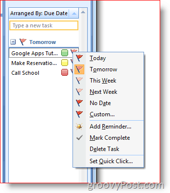 आउटलुक 2007 टू-डू बार - विकल्प मेनू के लिए राइट-क्लिक फ्लैग