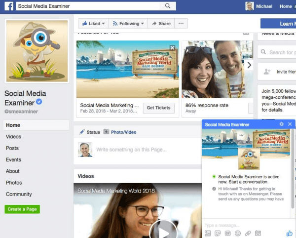 फ़ेसबुक पेज के प्रवेशकर्ताओं ने एक नया मैसेंजर चैट पॉप-अप देखा है जो उपयोगकर्ताओं को पेज पर चैट के लिए सक्रिय होने के दौरान उनके पेज पर आने पर दिखाई देता है।
