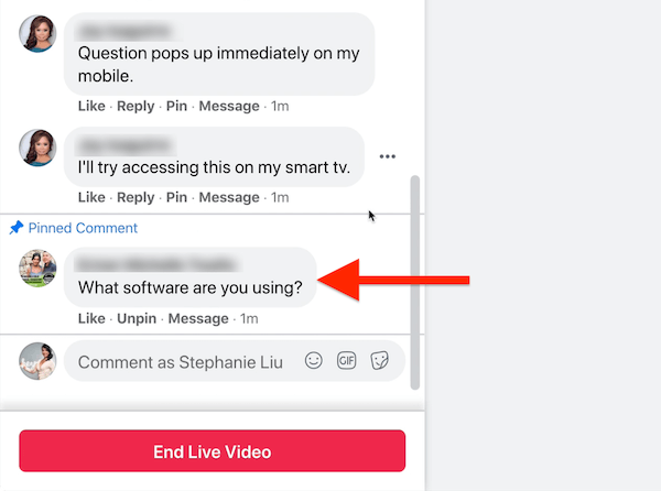 नीचे दिए गए एक टिप्पणी को पिन करने का विकल्प फेसबुक लाइव स्ट्रीम होस्ट के नीचे प्रत्येक टिप्पणी के रूप में दिखाई देता है, जैसा कि यह दिखाने के लिए कि आपकी टिप्पणी के नीचे पिन की गई टिप्पणी कैसी दिखती है दर्शकों