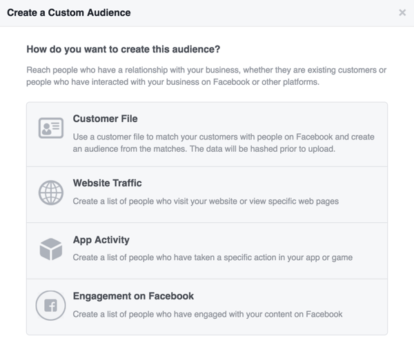 वह स्रोत चुनें जिसे आप अपने फेसबुक कस्टम दर्शकों के लिए उपयोग करना चाहते हैं।
