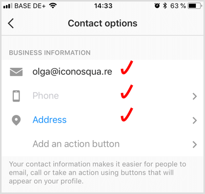 एक Instagram व्यवसाय खाते के लिए संपर्क जानकारी जोड़ें
