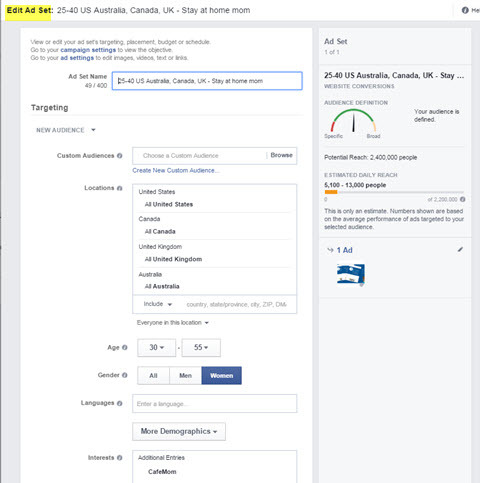 फेसबुक विज्ञापन प्रबंधक विज्ञापन सेट लक्ष्यीकरण को संपादित करते हैं