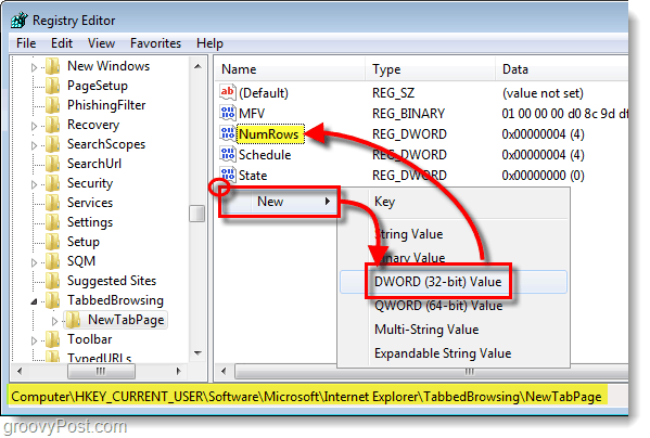 HKEY_CURRENT_USERSoftwareMicrosoftInternet ExplorerTabbedBrowsingNewTTPage में संख्या जोड़ें