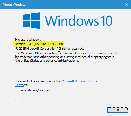विंडोज 10 संस्करण 1511 का निर्माण 10586-318