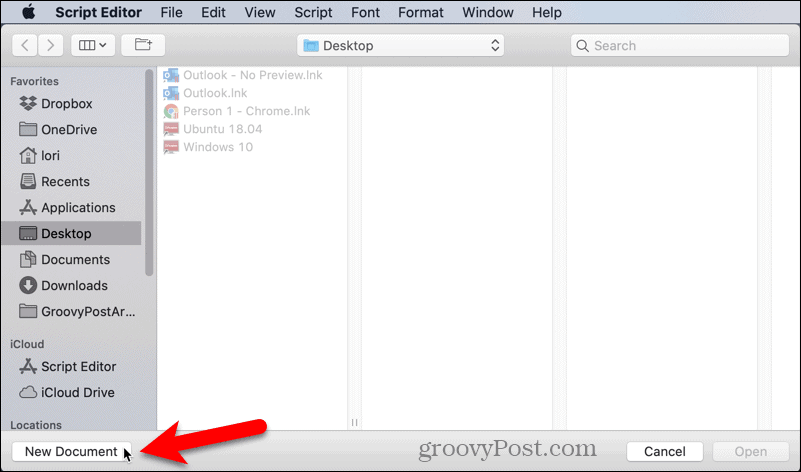 Mac पर Script Editor में एक नया दस्तावेज़ खोलें
