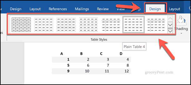 Word में तालिका शैलियों का चयन