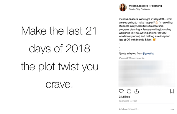 यह मेलिसा कसेरा की एक इंस्टाग्राम पोस्ट का स्क्रीनशॉट है। इसकी एक सफेद पृष्ठभूमि है और काले अक्षरों में कहते हैं, "2018 के आखिरी 21 दिनों में भूखंड को आप पर तरस खाएं।"