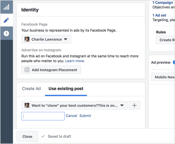 मौजूदा पोस्ट का उपयोग करें का चयन करें और फेसबुक पोस्ट आईडी दर्ज करें।