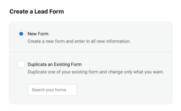 फ़ेसबुक लीड विज्ञापन चुने गए नए फ़ॉर्म विकल्प के साथ नया लीड फ़ॉर्म बनाते हैं