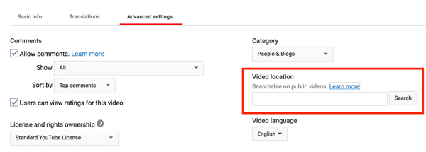 भौगोलिक रूप से खोज करने के लिए अपने YouTube वीडियो में एक स्थान जोड़ें।