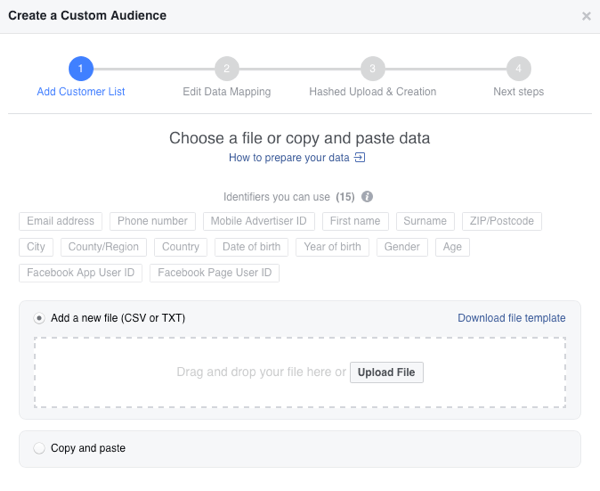 फेसबुक पर अपने कस्टम ईमेल दर्शकों को बनाने के लिए एक सीएसवी फ़ाइल के रूप में अपनी ईमेल सूची अपलोड करें।