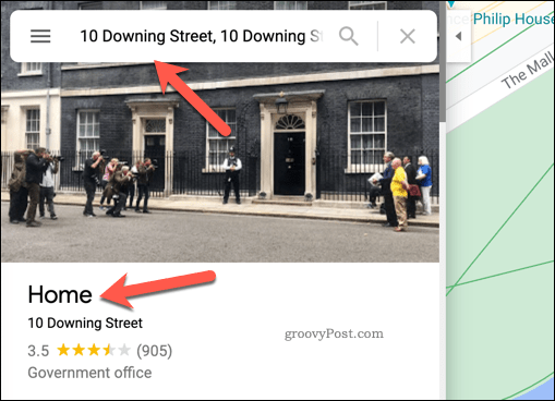 Google मानचित्र में उदाहरण घर का पता