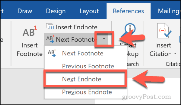 वर्ड में अगला एंडनोट बटन