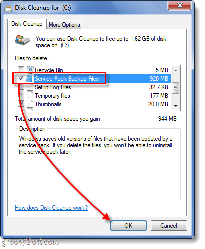 विंडोज़ 7 में सर्विस पैक बैकअप फ़ाइल की सफाई