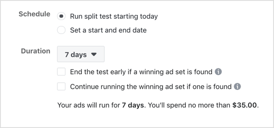 फेसबुक स्प्लिट टेस्ट के लिए रन स्प्लिट टेस्ट स्टार्ट टुडे विकल्प चुनें।