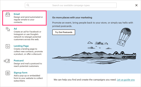 Mailchimp में अभियान प्रकार के रूप में ईमेल का चयन करें।