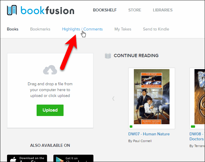 BookFusion वेब इंटरफ़ेस में हाइलाइट्स / टिप्पणियाँ पर क्लिक करें