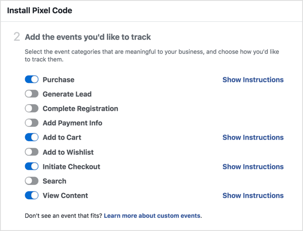 उन घटनाओं को चुनें जिन्हें आप फेसबुक पिक्सेल के साथ ट्रैक करना चाहते हैं।