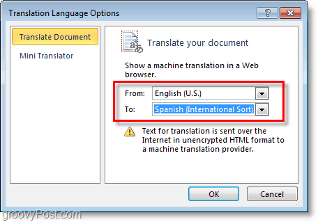 में अनुवाद करने के लिए Microsoft शब्द के लिए एक भाषा का चयन करें