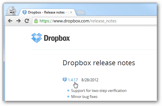 ड्रॉपबॉक्स प्रत्येक संस्करण के लिए नोट्स जारी करता है