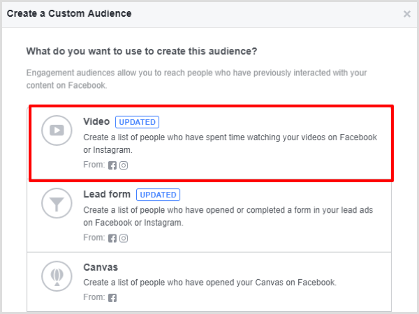 अपने फेसबुक कस्टम दर्शकों के लिए वीडियो सगाई विकल्प चुनें।