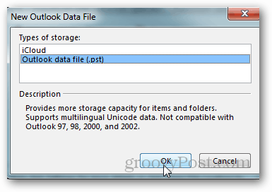 आउटलुक 2013 के लिए pst फाइल कैसे बनाएं - आउटलुक डेटा फाइल पर क्लिक करें