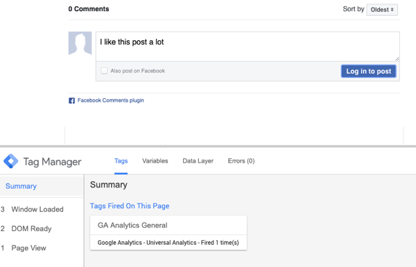 फेसबुक के साथ Google टैग मैनेजर का उपयोग करें, चरण 23, निकाल दिए गए फेसबुक टैग के लिए सारांश चयन के साथ टिप्पणी का पूर्वावलोकन