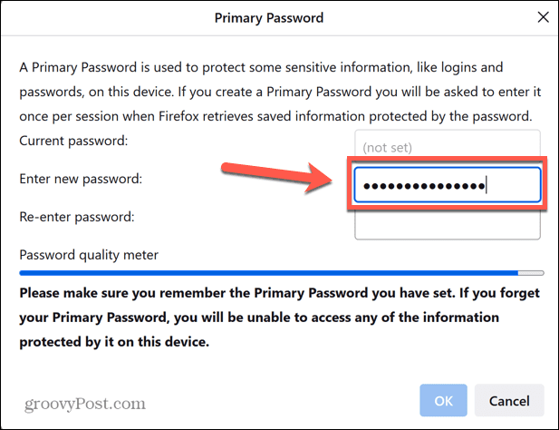 फ़ायरफ़ॉक्स नया प्राथमिक पासवर्ड