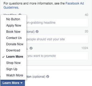 फेसबुक हिंडोला विज्ञापन छवि कॉल टू एक्शन बटन चयन
