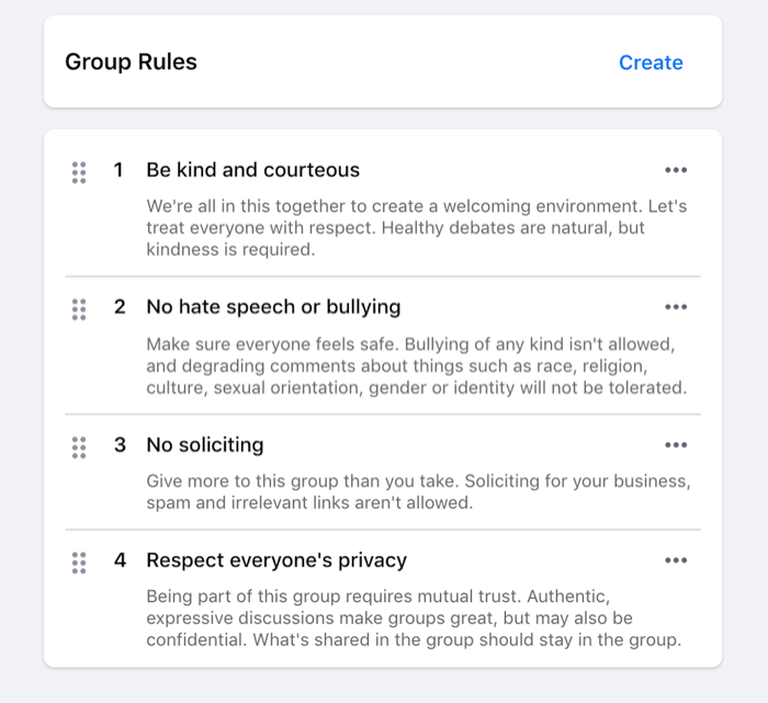 फेसबुक समूह के लिए निर्धारित नियमों का उदाहरण जैसे कि दयालु होना, अभद्र भाषा न बोलना, याचना न करना आदि।