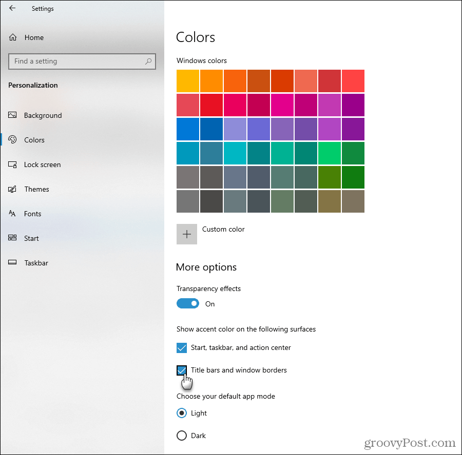 विंडोज 10 में उच्चारण रंग विकल्प दिखाएं