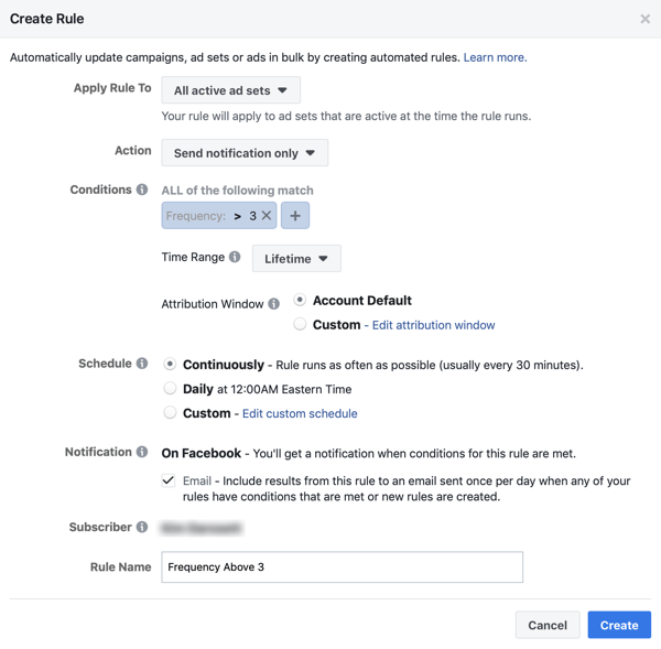 फेसबुक विज्ञापन अभियान आवृत्ति सीमा नियम सेटिंग्स बनाता है।