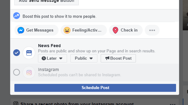 डेस्कटॉप पर फेसबुक से इंस्टाग्राम पर क्रॉस-पोस्ट कैसे करें, फेसबुक पोस्ट को शेड्यूल करते समय इंस्टाग्राम विकल्प के लिए क्रॉस-पोस्ट का उदाहरण उपलब्ध नहीं है