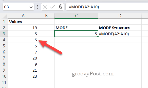 Excel में MODE सूत्र परिणाम